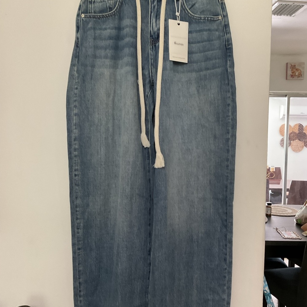 Light Wash Wide Leg Jeans with Drawstring Waist